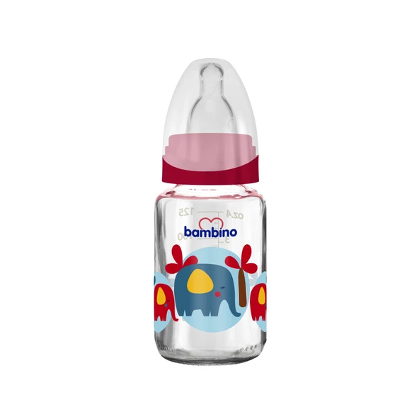 Bambino Cam Biberon 125ml 0+ Ay - Kırmızı - Fil Desenli