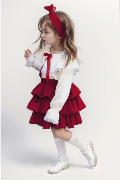 Kız Çocuk Üstü Volanlı Dantel İşlemeli Fırfırlı Bordo Etekli Takım - Resim 2