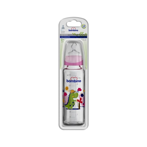 Bambino Cam Biberon Yavaş Akış 225ml 0+ Ay - Pembe - Dinazor Desenli