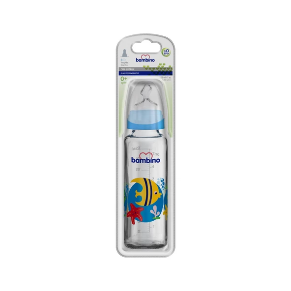 Bambino Cam Biberon Yavaş Akış 225ml 0+ Ay - Mavi - Balık Desenli