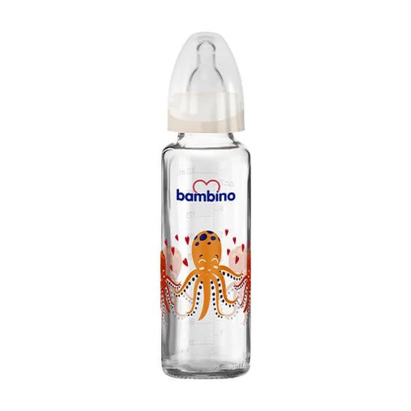 Bambino Cam Biberon Yavaş Akış 225ml 0+ Ay - Krem - Ahtapot Desenli