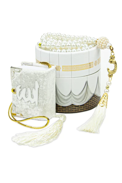 Silindir Kabe Mini Kadife Kaplı Kuranlı Beyaz İnci Tesbih Seti - Resim 2