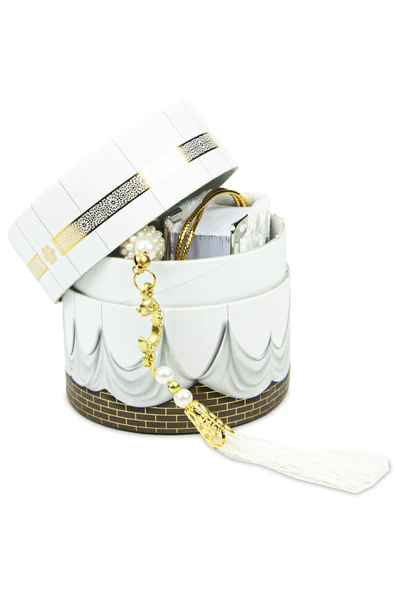 Silindir Kabe Mini Kadife Kaplı Kuranlı Beyaz İnci Tesbih Seti - Resim 3