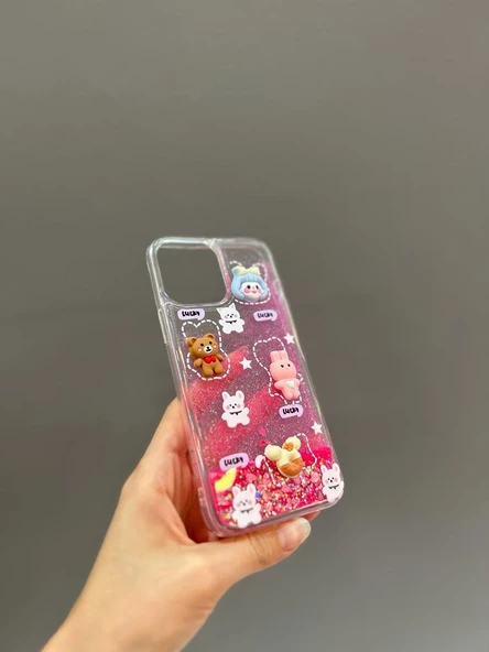 Iphone 13 Pro Max Uyumlu Sevimli Sulu Simli Akışkan Tasarım Kılıf - 4