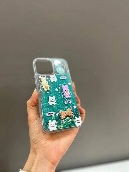 Iphone 13 Pro Max Uyumlu Sevimli Sulu Simli Akışkan Tasarım Kılıf - 6
