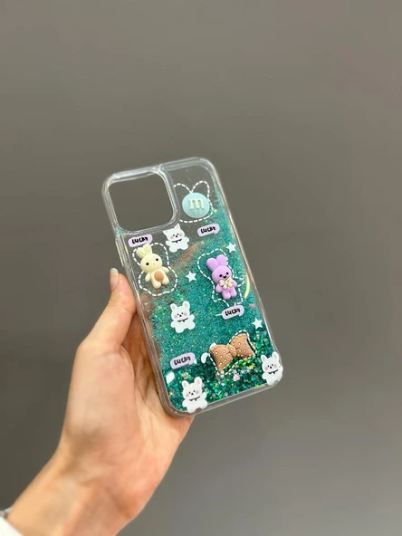 Iphone 13 Pro Max Uyumlu Sevimli Sulu Simli Akışkan Tasarım Kılıf - 5