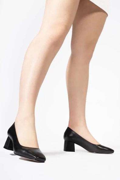 Hakiki Deri Kadın Kısa Klasik Topuklu Ayakkabı Küt Burun Casual - Resim 7