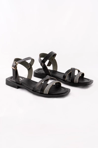 Hakiki Deri Kadın Sandalet Bilekten Bağlamalı Düz Rahat - Resim 3