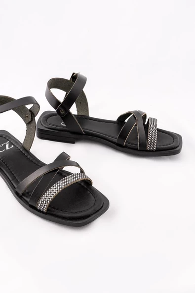 Hakiki Deri Kadın Sandalet Bilekten Bağlamalı Düz Rahat - Resim 5