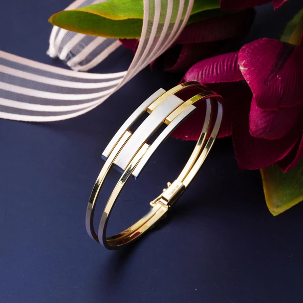 Modern Tasarım 2 Renkli Kaburga Altın Kelepçe Bilezik - Resim 5