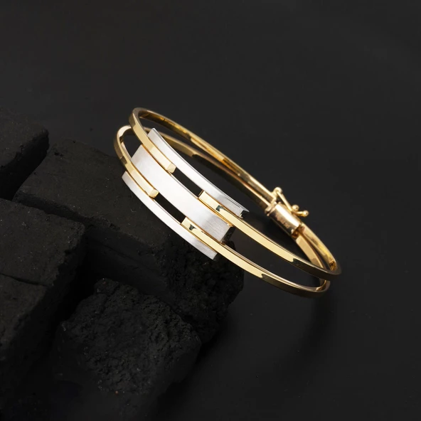 Modern Tasarım 2 Renkli Kaburga Altın Kelepçe Bilezik - Resim 3
