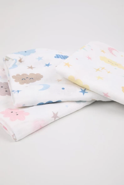 Babyhola Müslin Örtü 80x80cm Bulut Desen Organik Hediyelik Emzirme Alt Açma Yenidoğan Puset Örtüsü - 9