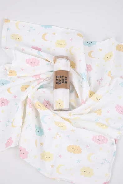 Babyhola Müslin Örtü 80x80cm Bulut Desen Organik Hediyelik Emzirme Alt Açma Yenidoğan Puset Örtüsü - 4