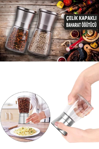 Tilbe Home Karabiber Tuz Değirmeni Seramik Bıçaklı Öğütücü Küçük Boy Baharat Öğütücü Çelik Kapaklı Baharatlık - Resim 4