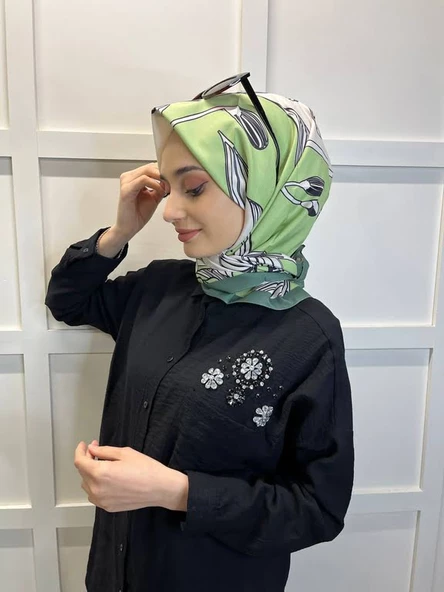 Eflatun Scarf Dijital Baskı Tomurcuk Desen Rayon Eşarp 00749  MİNT YEŞİLİ - 3
