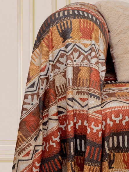 SoftMicro Etnik Desenli Boho 180x220 cm Koltuk Örtüsü Şalı, Kanepe Örtüsü, Tv Battaniyesi Toprak - 4