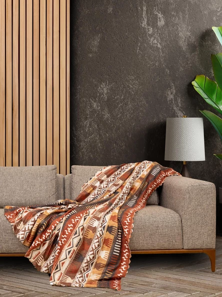 SoftMicro Etnik Desenli Boho 180x300 cm Koltuk Örtüsü Şalı, Kanepe Örtüsü, Tv Battaniyesi Toprak - 2
