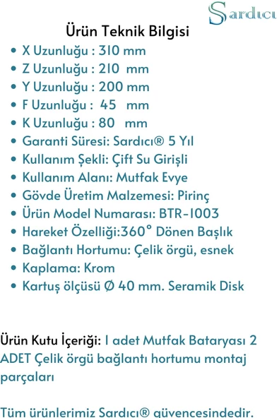 Sardıcı Mutfak Bataryası 360 Derece Oynar Başlıklı Eviye Bataryası Mutfak Musluğu - 3