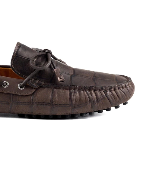 Side Kahve Kroko Hakiki Deri Erkek Loafer Ayakkabı - Resim 5