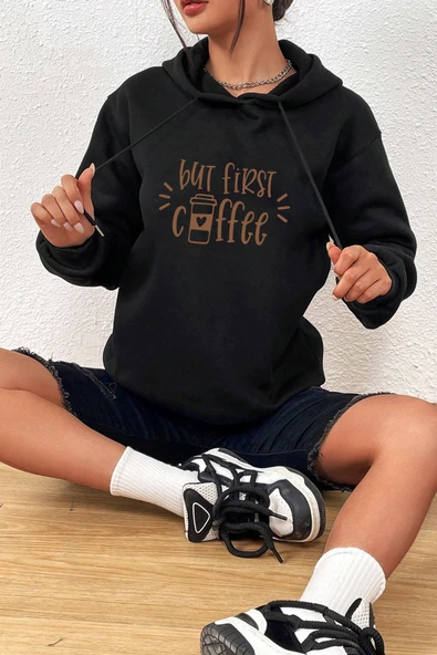 Unisex Oversize But First Coffee Baskılı Sweatshirt