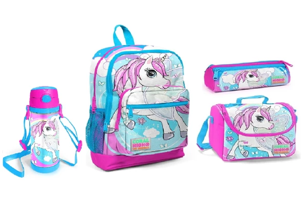 Coral High Unicorn Desenli Beslenme Okul Çantası Kalemlik + Çelik Termos