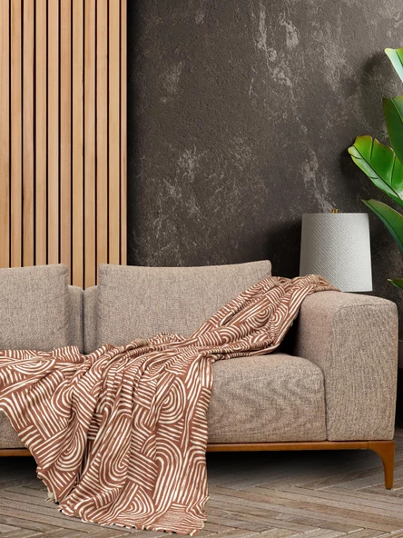 SoftMicro Gökkuşağı Desenli Boho 130x180 cm Koltuk Örtüsü Şalı, Kanepe Örtüsü, Tv Battaniyesi Kiremit Rengi