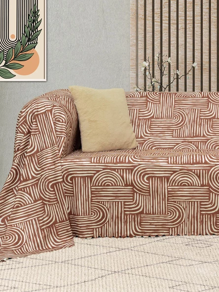 SoftMicro Gökkuşağı Desenli Boho 180x300 cm Koltuk Örtüsü Şalı, Kanepe Örtüsü, Tv Battaniyesi Kiremit Rengi - Resim 3