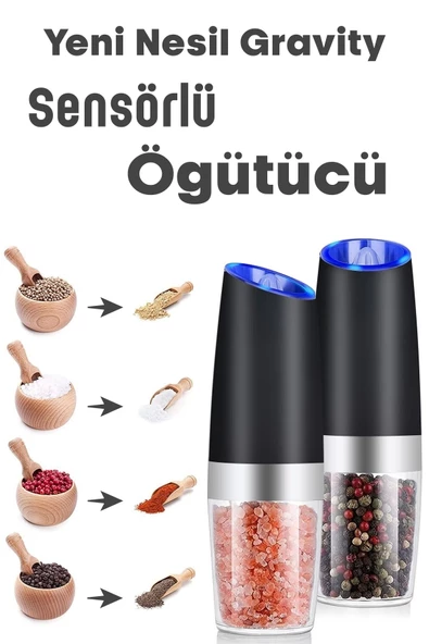 Gravity Otomatik Karabiber Tuz Değirmeni Seramik Bıçaklı Baharat Öğütücü LED Işıklı 5 Kademeli - 3