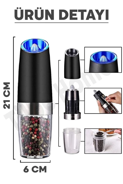 Gravity Otomatik Karabiber Tuz Değirmeni Seramik Bıçaklı Baharat Öğütücü LED Işıklı 5 Kademeli - 5