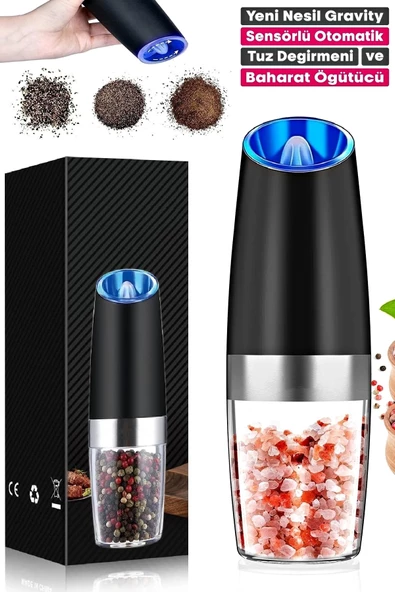 Gravity Otomatik Karabiber Tuz Değirmeni Seramik Bıçaklı Baharat Öğütücü LED Işıklı 5 Kademeli - 2