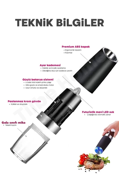 Gravity Otomatik Karabiber Tuz Değirmeni Seramik Bıçaklı Baharat Öğütücü LED Işıklı 5 Kademeli - 4