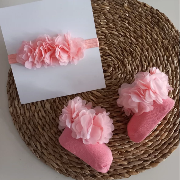 MARS BABY Kız Bebek Özel Gün Fırfırlı Koyu Somon Bandana ve Çorap Set - 2