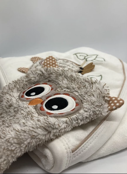 Unisex Bebek Beyaz Renk Pamuklu Baykuş Nakışlı Banyo Havlu ve Kese Takımı - 2