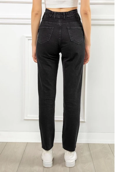 Kadın Antrasit Renk Denim Kumaş Bilek Boy Straight Fit Çift Kemerli Pantolon - 4