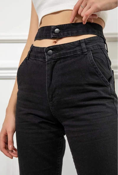Kadın Antrasit Renk Denim Kumaş Bilek Boy Straight Fit Çift Kemerli Pantolon - 5