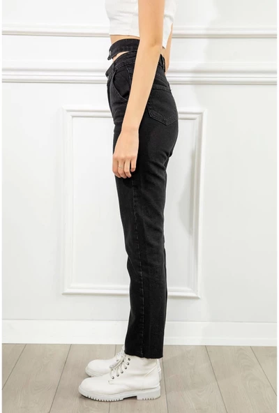 Kadın Antrasit Renk Denim Kumaş Bilek Boy Straight Fit Çift Kemerli Pantolon - 2