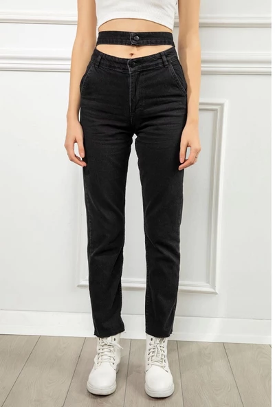 Kadın Antrasit Renk Denim Kumaş Bilek Boy Straight Fit Çift Kemerli Pantolon - 3