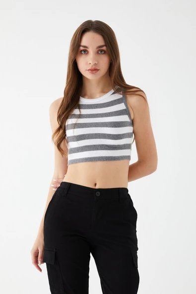 Kadın Füme Renk Mini Boy Çizgili Triko Body Crop