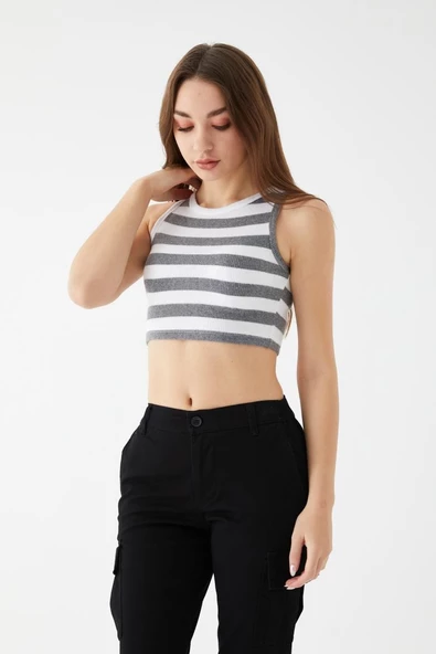 Kadın Füme Renk Mini Boy Çizgili Triko Body Crop - 5