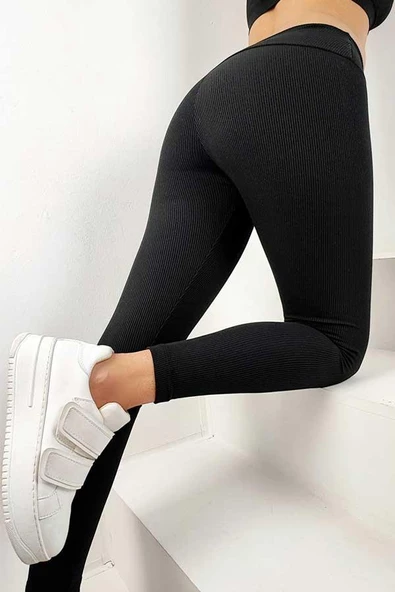 Şardonlu Yüksek Bel Ultra Esnek Fitilli Tayt (39) - 2