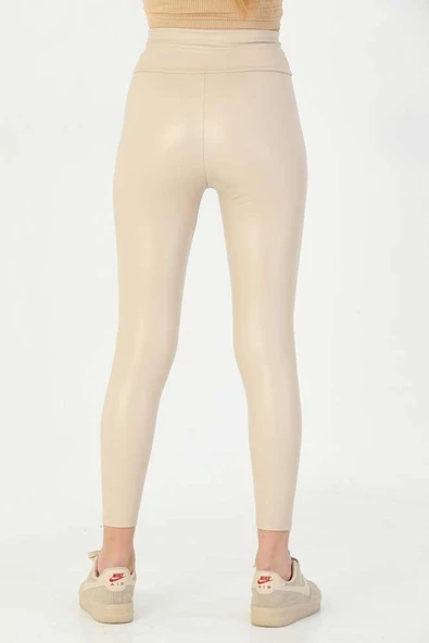 Dar Kalıp Şardonlu Toparlayıcı Özellikli Yüksek Bel Esnek Deri Tayt - 6