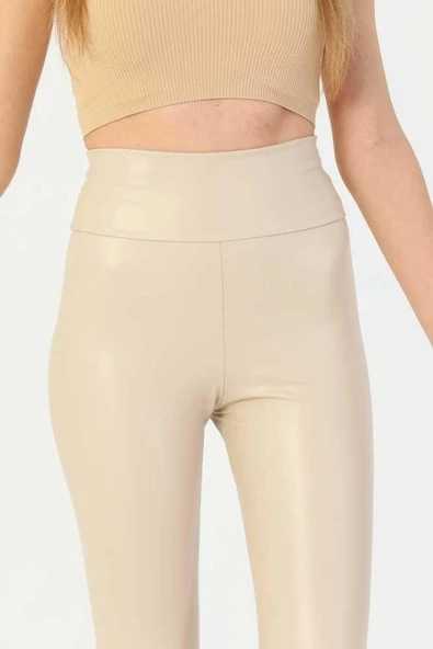 Dar Kalıp Şardonlu Toparlayıcı Özellikli Yüksek Bel Esnek Deri Tayt - 7