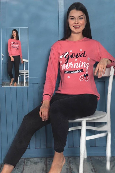 Fawn Kadın Good Morning İnterlok Uzun Kol Manşetli Pijama Takımı (8020) - 2