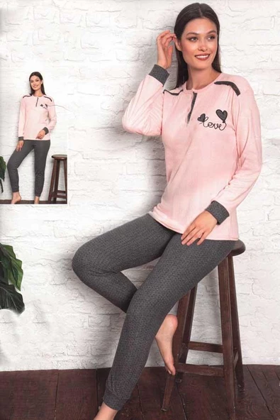 Fawn Kadın Love İnterlok Uzun Kol  Manşetli Pijama Takımı (8212) - 2