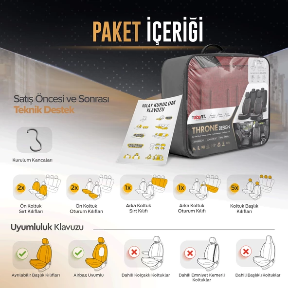 Otom Throne Series Universal Oto Koltuk Kılıfı  Kırmızı - 7
