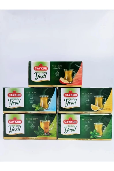 Çaykur Her Dem YEŞİL ÇAY Sade, Naneli, Limonlu, Melisalı ve Elmalı Süzen Poşet Çay 40 Gr