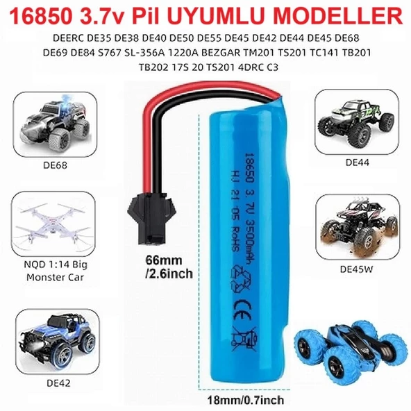 Siyah Soketli Oyuncak Araba Pili 3500 mAh 3.7V 18650 Li-Ion 18Mm X 66Mm (KARGO BEDAVA)