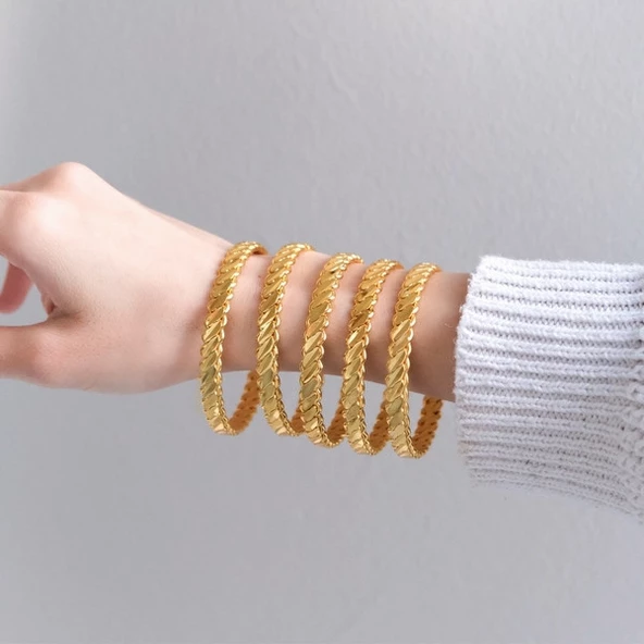 5 Adet Gercek Altın Görünümlü 1.Kalite imitasyon Kalın Adana Burma Bilezik (KARGO BEDAVA) ürün görseli 1