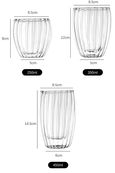 3'lü Çift Cidarlı Burgulu Kristal Cam Bardağı Çay Süt Kahve Kupası Sıcak & Soğuk Retro Bardak Seti - 5