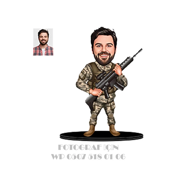 Kişiye Özel Asker Karikatürlü 3D Ahşap Biblo,Sevgiliye Hediye,Doğum Günü Hediyesİ, - 3